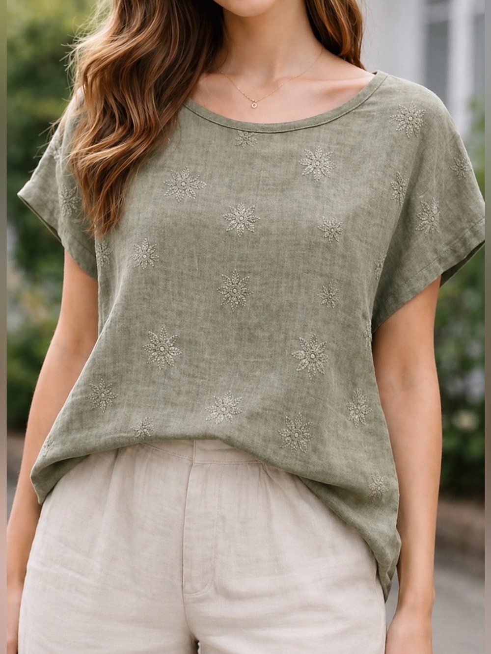Me & Gee Linen Front Cotton Back Blouse Sage Embroidered Boho M/L